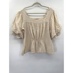 Urban Outfitters Tessa Gingham Seersucker Linen Milkmaid Top Large Puff Sleeve